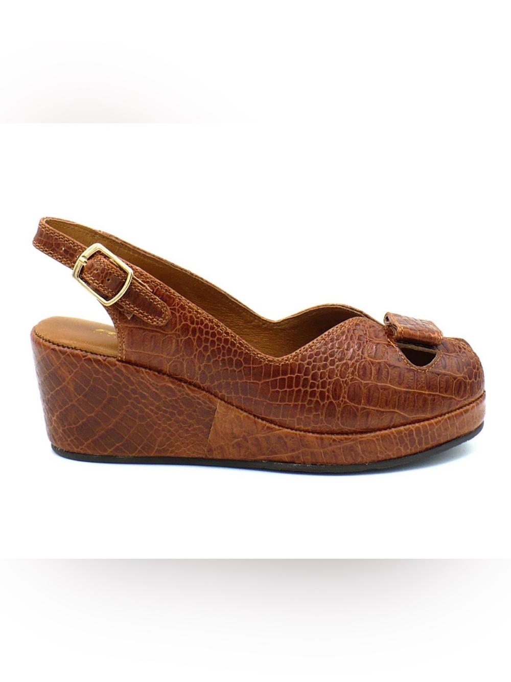 Re-Mix Women's Brown Croc-Embossed Leather Wedge Slingback Peep-Toe Shoe